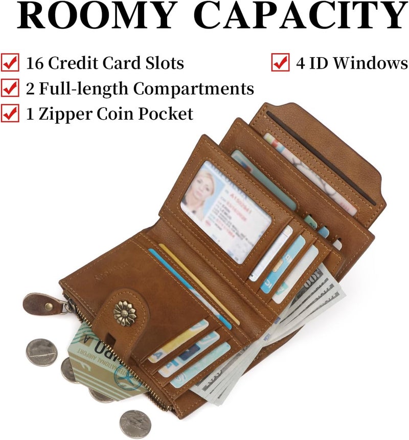Blucoay Wallet Women,RFID Blocking Leather Womens Wallet Bifold Compact Card Holder Small Wallet for Women with Removable ID Window zsbrown - Image 3